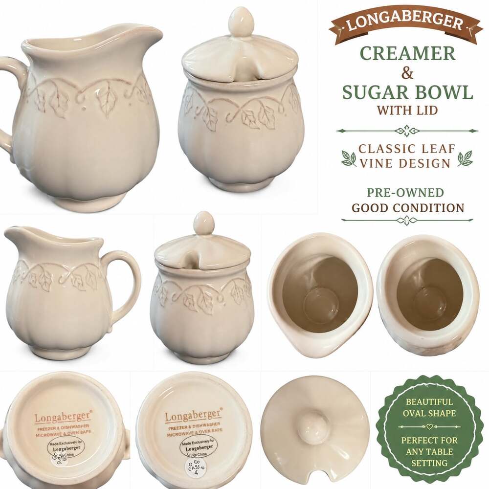 VINTAGE Longaberger Pottery Creamer & Sugar Bowl w/Lid Leaf Vine Ivory Set